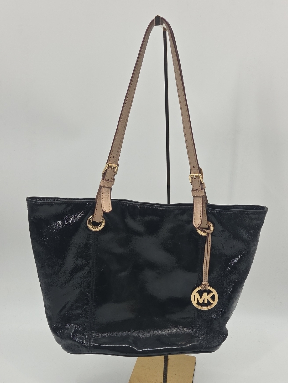 Michael Kors Black Patent Tote with Tan Straps and Gold MK Charm